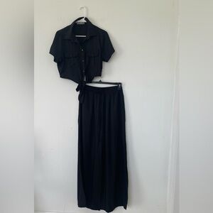 GAROTA Satin Effect Women’s Black Shirt and Wide leg Pants Set With Pockets SZ L